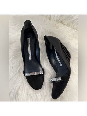 DUSICA SACKS Kotur Wedge Heel Black Satin Crystal Detail